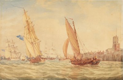 Três corvetas de guerra e um peixe de pesca entrando no porto, Portsmouth, c. de Joseph Mallord William Turner